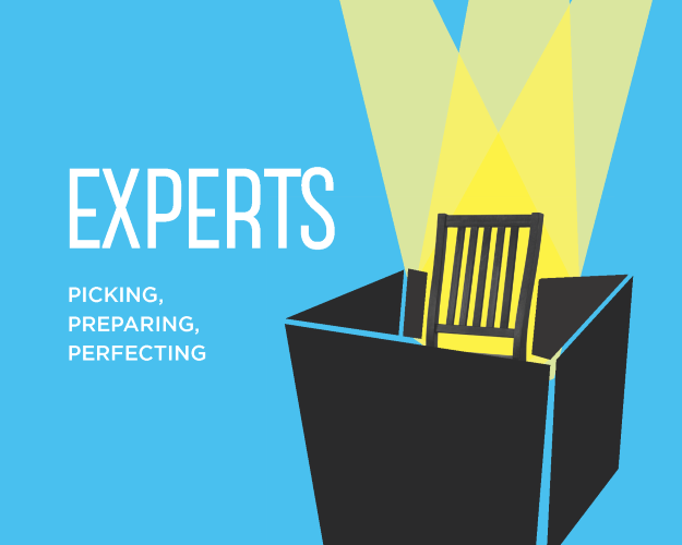 "Experts: Picking, Preparing, Perfecting" on a light blue background next to black and yellow graphic of a witness stand in a spotlight