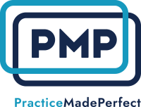 "PMP" in large navy blue letters with two blue overlapping outlines around it. The text below reads "Practice Made Perfect".