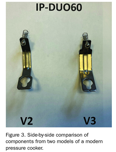 Figure 3. Side-by-side comparison of components from two models of a modern pressure cooker. Copyright © 2022 McLaughlin Law Firm..